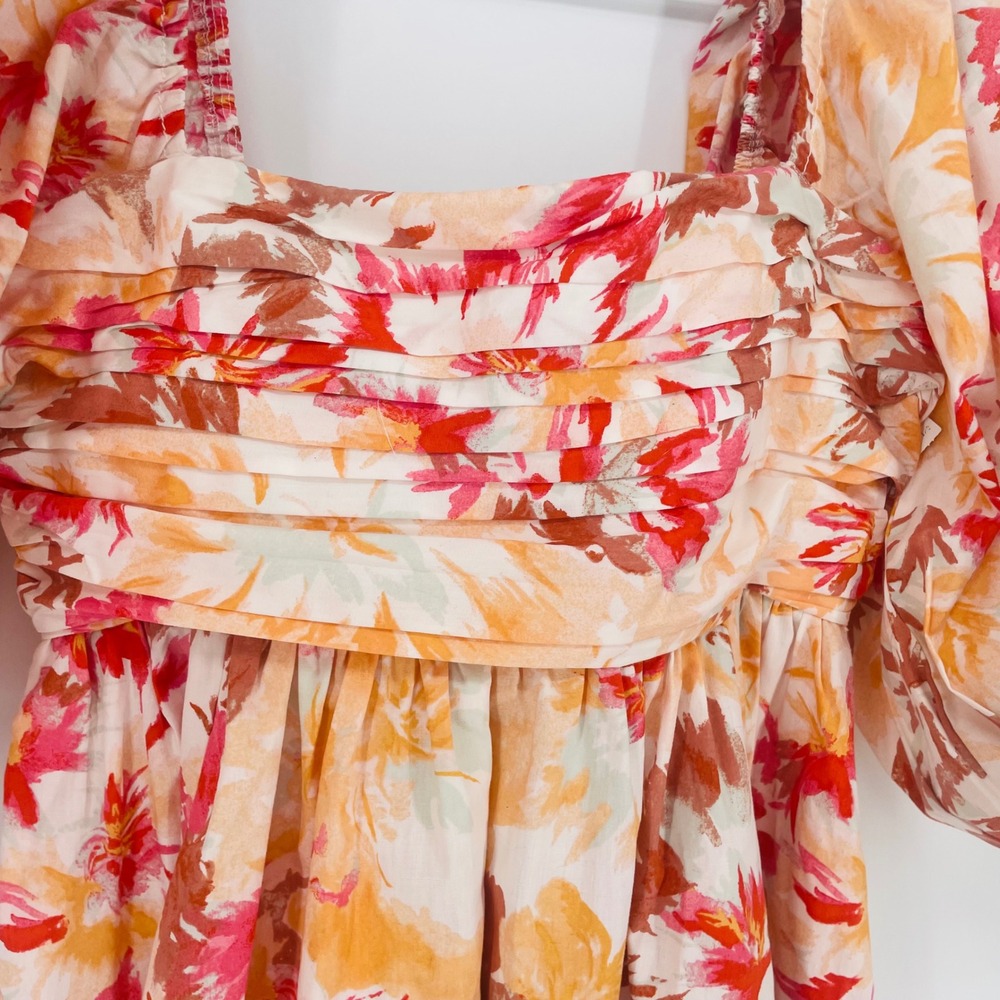 Abercrombie & Fitch Floral Puff Sleeve Pleated Mini Dress Orange Pink size XS - Picture 12 of 14